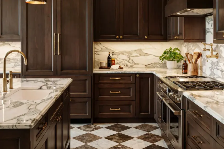 Moody Walnut Kitchen Design | Dark Wood Cabinetry with Marble & Checkerboard