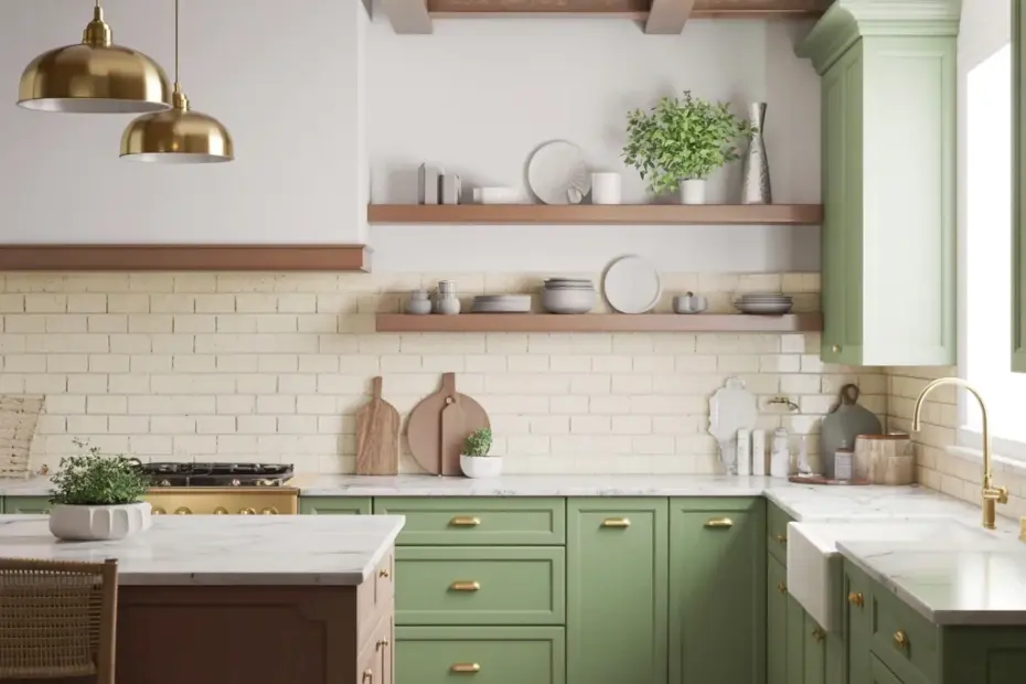 Budget-Friendly Modern Farmhouse Kitchen with Sage Green Cabinets & Marble Countertops