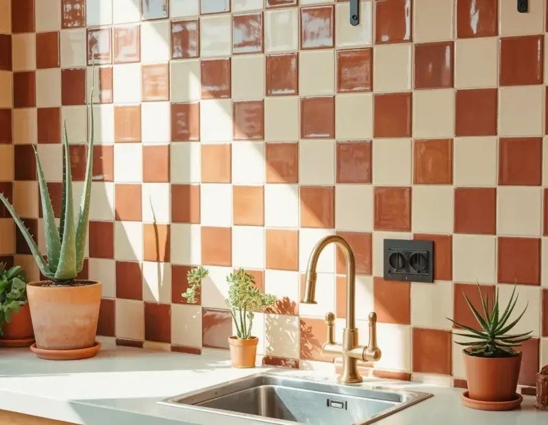 Terracotta Checkerboard Tile Kitchen Ideas with a Farmhouse Sink and Brass Faucet