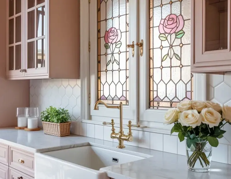 Blush Pink Kitchen with Farmhouse Sink and Stained Glass Charm
