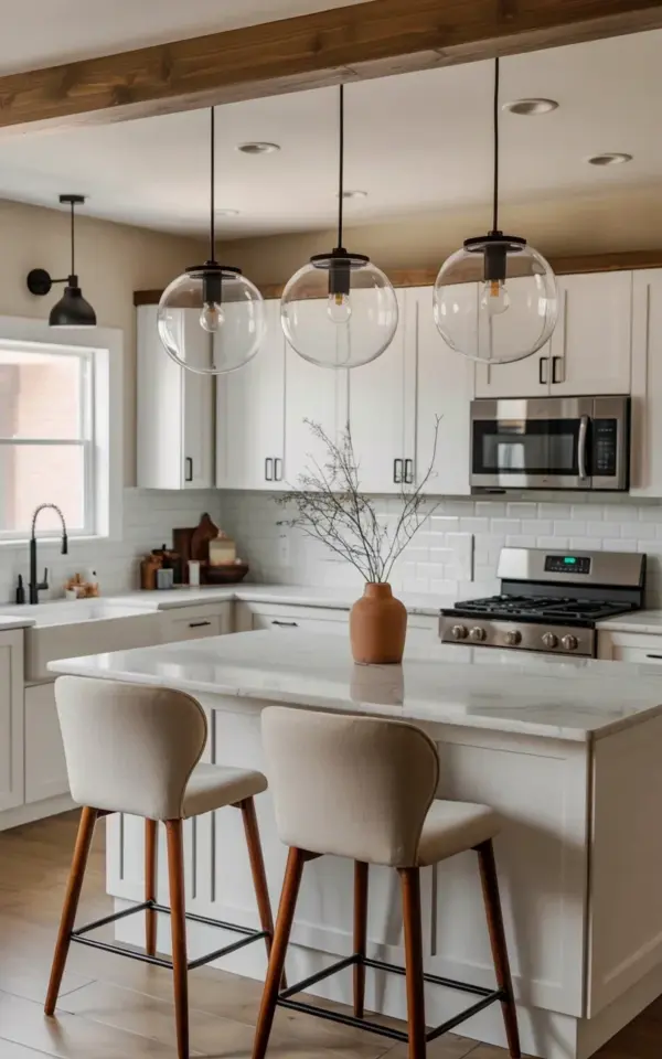 Kitchen Island Pendant Lights - Clear Glass Globes Over White Marble Island