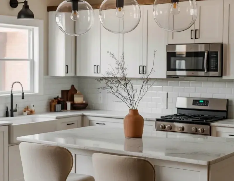 Kitchen Island Pendant Lights - Clear Glass Globes Over White Marble Island