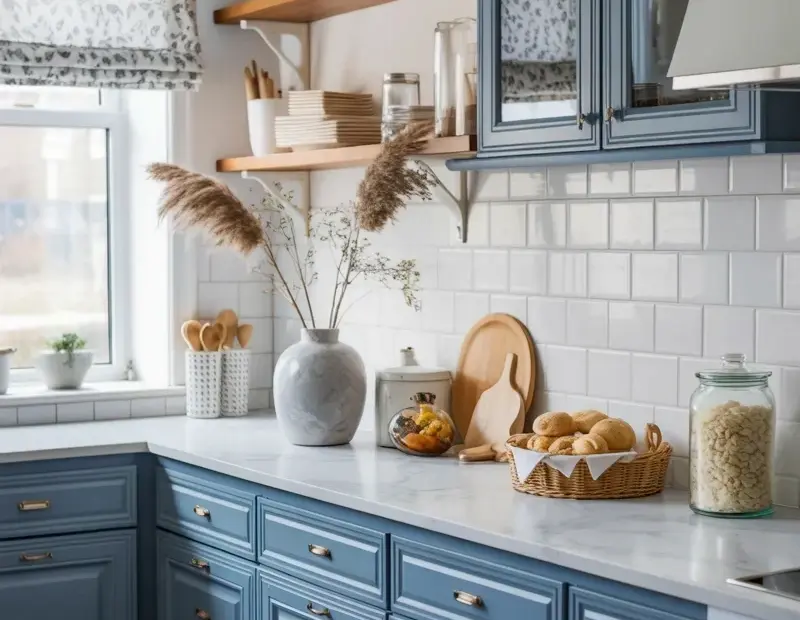 How to Style a Small Farmhouse Kitchen with Blue Gray Cabinets and Brass Hardware