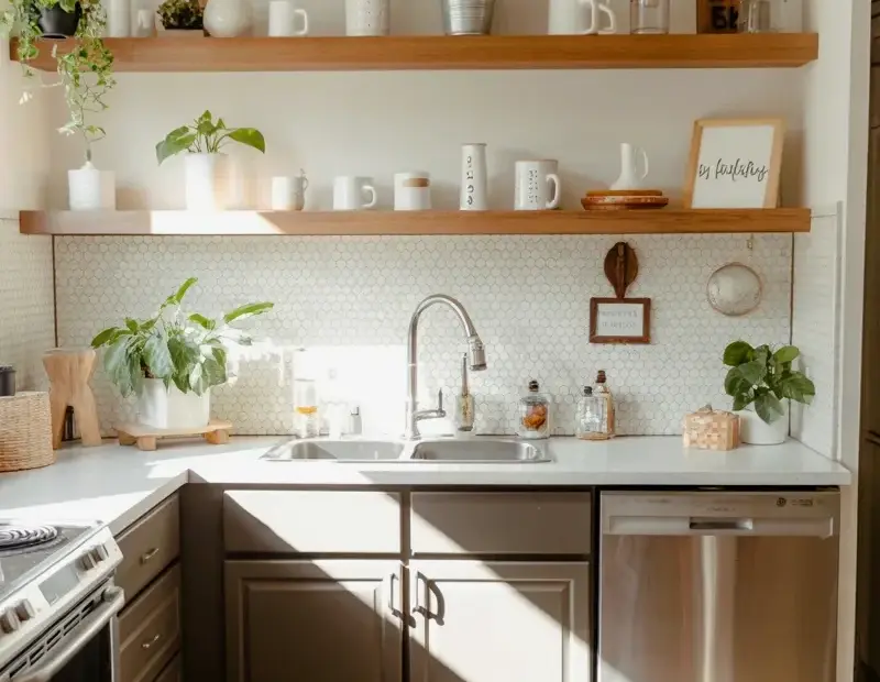 Dark Brown Lower Cabinets Kitchen with Hexagonal Tile Backsplash and Floating Shelves