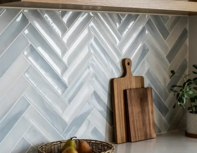 Modern Kitchen with Herringbone Backsplash and Blue-Gray Marble Tile | Cozy Kitchen Decor Ideas