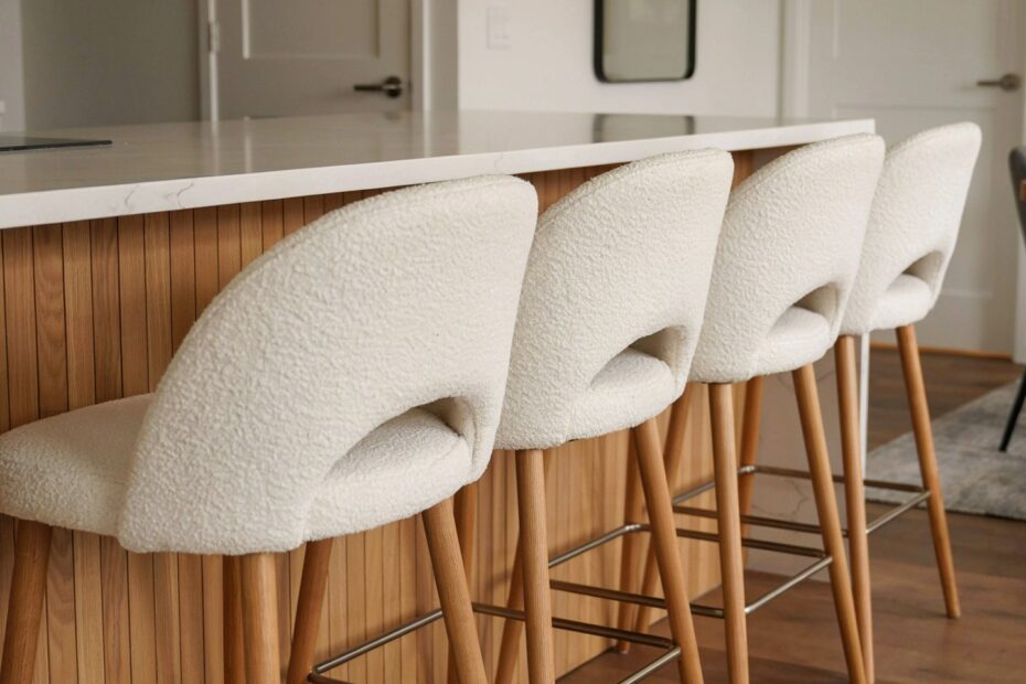 Small Kitchen Island Design with Boucle Counter Stools | Warm Seating Ideas for Cozy Makeovers