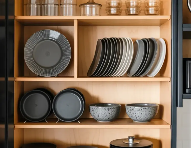 Small Kitchen Cabinet Organization Ideas | Dinnerware Storage with Wooden Dividers and Black Hardware