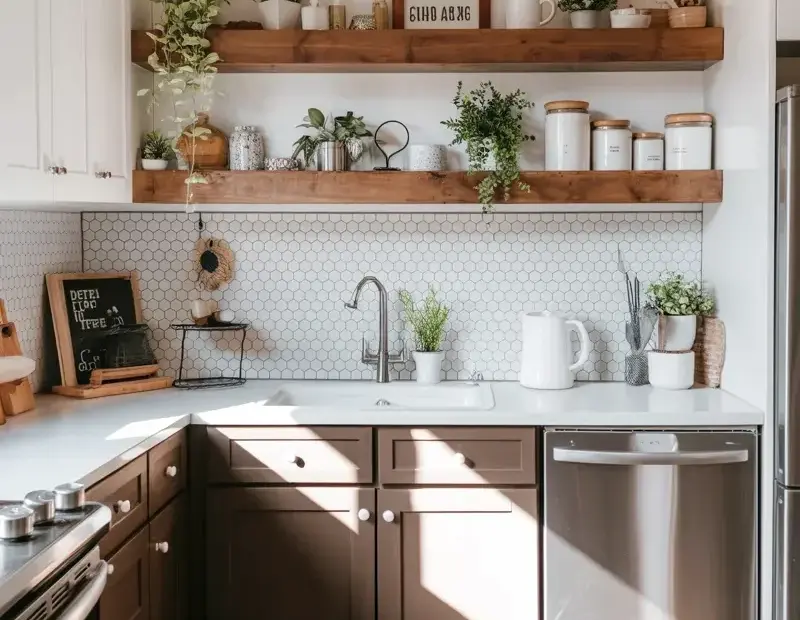 Spring Kitchen Ideas: Dark Bottom Cabinets, Hex Tile & Floating Shelves