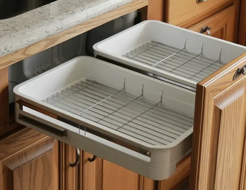 Kitchen Sink Area Mistake to Avoid | Pull-Out Drying Racks on Oak Cabinets