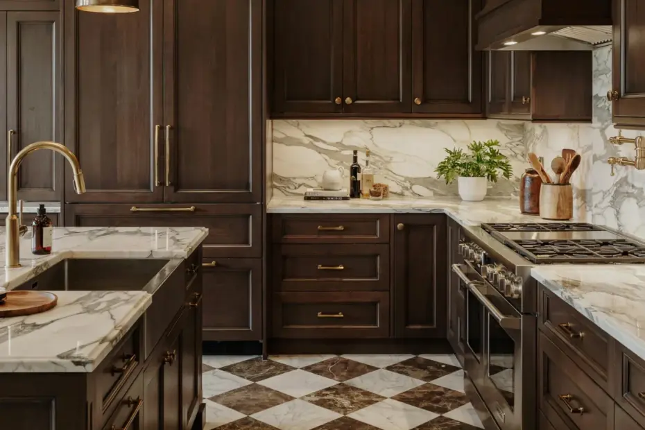 Moody Walnut Kitchen with Checkerboard Floors & Marble Backsplash | Cozy Dark Wood Design