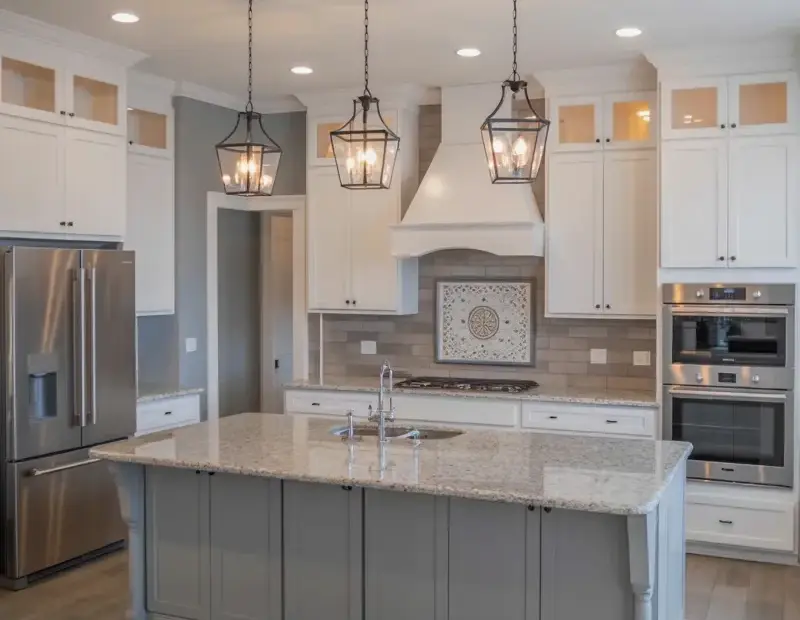 Modern Luxury Kitchen with White Shaker Cabinets & Gray Island | Pendant Light Ideas