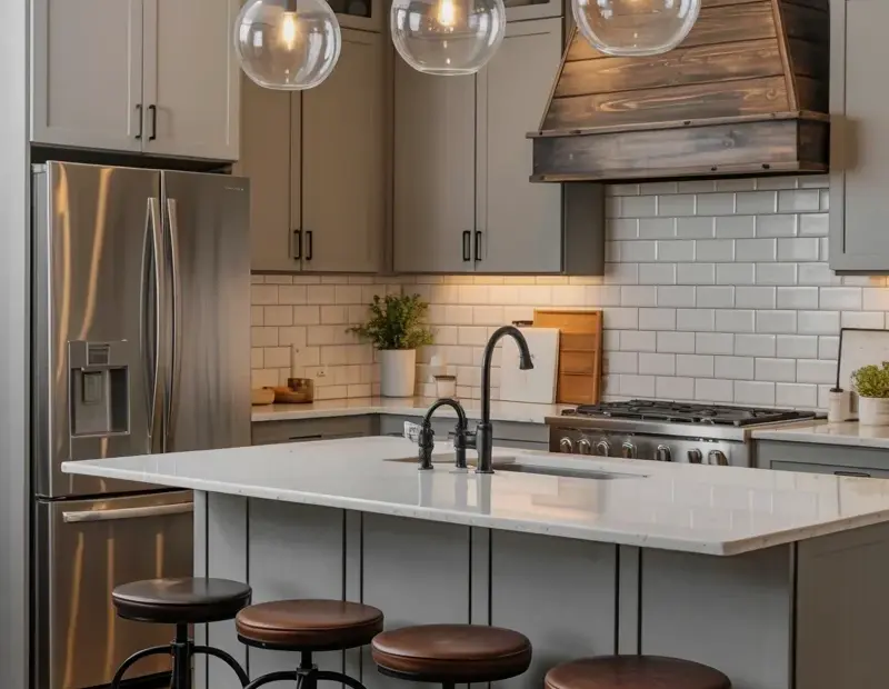 How to Style a Modern Farmhouse Kitchen with Gray Cabinets & Subway Tile