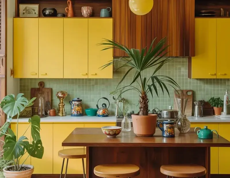 Mid-Century Modern Kitchen Design: Yellow Lower Cabinets + Wood Island