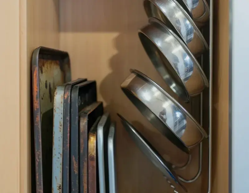 Kitchen Cabinet Storage Organization Before & After: Tray Holder + Lid Rack Idea