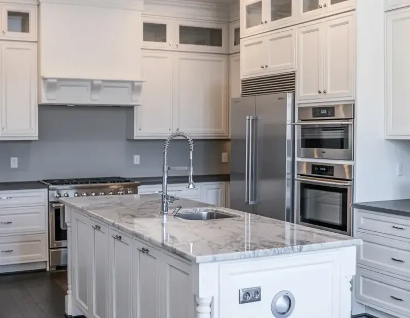 White Shaker Kitchen Ideas with Marble Island and Glass Cabinets