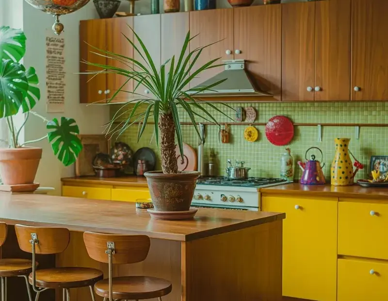 Mid Century Modern Kitchen with Yellow Lower Cabinets and Wood Island