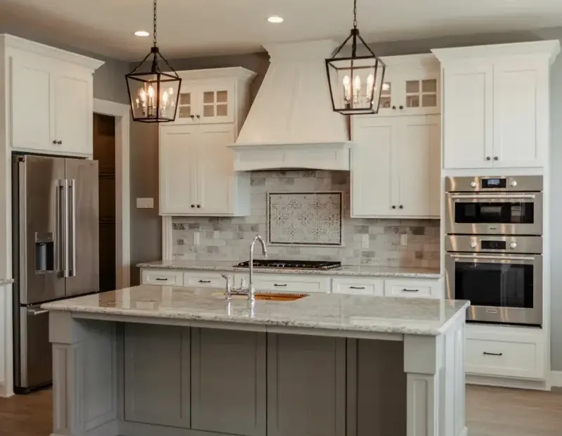 White Shaker Kitchen Before & After: Gray Granite Island & Black Lantern Pendants